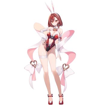 1girl animal_ears bare_legs bare_shoulders black_leotard black_survival braid breasts bridal_gauntlets cleavage clothing_cutout contrapposto earrings eternal_return:_black_survival fake_animal_ears frown full_body hair_ornament hairband hand_on_own_hip heart heart_earrings heart_hair_ornament heart_o-ring highleg highleg_leotard highres jewelry large_breasts leotard looking_at_viewer mole mole_on_breast multicolored_leotard navel o-ring official_alternate_costume official_art parted_lips playboy_bunny rabbit_ears red_eyes red_hair red_leotard red_sandals sandals sash short_hair solo standing stomach stomach_cutout strapless strapless_leotard thigh_strap thighs tran_quynh_mai transparent_background two-tone_leotard v-shaped_eyebrows white_hairband