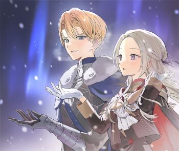 1boy 1girl absurdres arm_guards armor black_gloves blonde_hair blue_capelet blue_eyes blurry blurry_background blush cape capelet commission couple depth_of_field dimitri_alexandre_blaiddyd edelgard_von_hresvelg fire_emblem fire_emblem:_three_houses floating_hair fur_trim garreg_mach_monastery_uniform gloves hair_between_eyes hair_floating_upwards hair_ribbon heavy_breathing hetero highres ikaikakka long_hair long_sleeves looking_down looking_to_the_side looking_up nintendo official_alternate_costume outdoors parted_bangs parted_lips purple_eyes purple_ribbon red_capelet ribbon second-party_source shade shirt short_hair snow snowing standing teeth upper_body white_gloves white_shirt