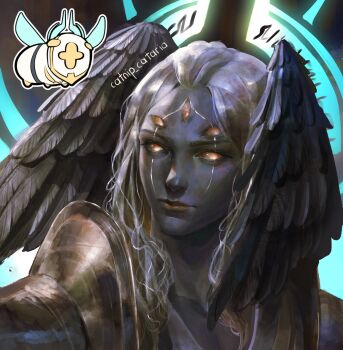 1other alternate_costume armor bags_under_eyes black_wings catnip_cataria dark-skinned_female dark_skin expressionless extra_eyes feathered_wings gabriel_(ultrakill) head_wings highres long_hair looking_at_viewer portrait shoulder_armor solo ultrakill white_hair wings