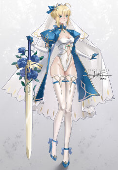 Rule 34 | 1girl, absurdres, adapted costume, ahoge, artist name, artoria pendragon (fate), blue dress, bridal veil, character name, commentary, dress, english commentary, excalibur (fate/stay night), fate/stay night, fate (series), full body, green eyes, highres, juliet sleeves, leotard, long sleeves, princess ailish, puffy sleeves, saber (fate), signature, solo, thighhighs, tiara, veil, white leotard