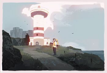 1boy arven_(pokemon) backpack bag border commentary day faceless faceless_male grass highres lighthouse male_focus mobuoji2022 nintendo outdoors pants path pokemon pokemon_sv road shirt sky solo standing tree vest water white_border white_shirt yellow_bag yellow_vest