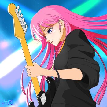 1girl aged_up black_shirt blue_eyes bocchi_the_rock! cable_tie commentary electric_guitar floating_hair gotoh_hitori guitar highres instrument long_hair pink_hair shirt solo three-quarter_sleeves tomoyaku upper_body
