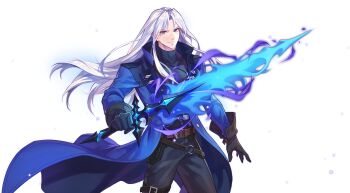 Rule 34 | 1boy, alpha transparency, artist request, belt, belt buckle, black belt, black gloves, black pants, black shirt, blue coat, blue fire, blue sleeves, brown belt, buckle, closed mouth, coat, covered pectorals, cowboy shot, curtained hair, dress pants, fire, flaming sword, flaming weapon, floating clothes, floating hair, gloves, grey eyes, highres, holding, holding sword, holding weapon, jewelry, lapels, leg belt, legs apart, light particles, long hair, looking at viewer, looking to the side, male focus, multiple belts, necklace, nexon, notched lapels, o-ring, o-ring belt, official art, open clothes, open coat, open hand, pants, pectorals, second-party source, shirt, simple background, smile, solo, split mouth, standing, straight hair, sword, sword necklace, tales weaver, transparent background, tsurime, turtleneck, turtleneck shirt, weapon, white hair, yevgnen jineman