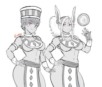 2girls absurdres blush boku_no_hero_academia breasts cheelai crossover curvy dragon_ball dragon_ball_super dragon_ball_super_broly ettso greyscale hand_on_own_hip highres jewelry large_breasts midriff mirko monochrome multiple_girls navel nervous_smile pink_eyes rabbit_ears red_eyes smile spot_color twitter_username white_background wide_hips
