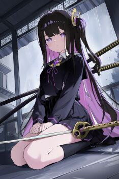 absurdres ahoge ama_(pixiv24262513) architecture black_hair black_sailor_collar black_serafuku black_shoes black_skirt black_socks chitose_(stella_sora) colored_inner_hair east_asian_architecture grey_sky highres layered_shirt long_hair miniskirt mole mole_under_eye multicolored_hair one_side_up pleated_skirt purple_eyes purple_hair purple_ribbon rain ribbon sailor_collar school_uniform serafuku shoes sidelocks skirt sky socks stella_sora sword thighs very_long_hair weapon