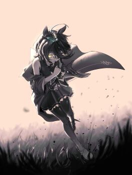 1girl absurdres adjusting_clothes adjusting_gloves ahoge alternate_hair_length alternate_hairstyle animal_ears belt black_coat black_gloves black_hair black_pantyhose black_shirt black_skirt borrowed_design bramoncrepe breasts coat collared_shirt ear_tag earrings eye_trail floating_clothes floating_hair frilled_skirt frills glove_in_mouth gloves glowing glowing_eyes grass hair_between_eyes hem_peeking_out highres holding holding_gloves holding_unworn_clothes horse_ears horse_girl horse_tail jewelry light_trail long_bangs long_hair long_hair_between_eyes long_sleeves looking_at_viewer manhattan_cafe_(creeping_shadow)_(umamusume) manhattan_cafe_(umamusume) mouth_hold multicolored_hair necktie off_shoulder open_clothes open_coat pantyhose pleated_skirt running shirt short_hair single_earring single_unworn_glove skirt sleeveless sleeveless_shirt small_breasts solo spot_color tail umamusume unworn_gloves variant_set very_long_hair vest white_hair yellow_eyes yellow_necktie