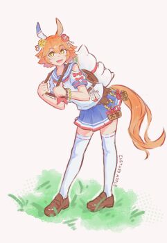 +_+ 1girl absurdres animal_ears applecusturd_2 backpack bag bead_bracelet beads blue_skirt blush bracelet clothing_cutout clover_hair_ornament commentary daruma_doll daruma_doll_hair_ornament doll_hair_ornament ear_covers ema english_commentary flipped_hair four-leaf_clover_hair_ornament good_fortune_symbol hair_between_eyes hair_ornament highres horse_ears horse_girl horse_tail jewelry looking_at_viewer maneki-neko matikanefukukitaru_(rising_fortune)_(umamusume) matikanefukukitaru_(umamusume) neckerchief open_mouth orange_hair red_neckerchief sailor_collar school_uniform serafuku shirt short_hair short_sleeves shoulder_cutout single_ear_cover skirt smile solo star-shaped_pupils star_(symbol) symbol-shaped_pupils tail thighhighs umamusume white_shirt white_thighhighs