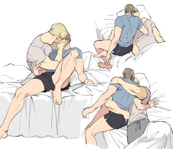 2boys ass bara bed black_hair black_shorts blonde_hair blue_shirt couple grey_pants grey_shirt hug jack_krauser kiss large_pectorals leon_s._kennedy lying male_focus messy_hair multiple_boys multiple_views muscular muscular_male on_back on_bed pants pectorals resident_evil resident_evil:_the_darkside_chronicles resident_evil_4 resident_evil_4_(remake) shirt short_hair shorts tatsumi_(psmhbpiuczn) yaoi