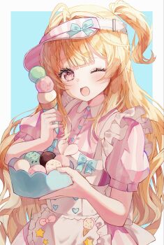 1girl apron blonde_hair blue_bow blush border bow bowl dress ebimau food frills highres holding holding_bowl holding_food holding_ice_cream ice_cream ice_cream_cone long_hair looking_at_viewer one_eye_closed one_side_up open_mouth original pink_eyes pink_shirt puffy_short_sleeves puffy_sleeves shirt short_sleeves smile solo striped_clothes striped_shirt upper_body vertical-striped_clothes visor_cap white_border