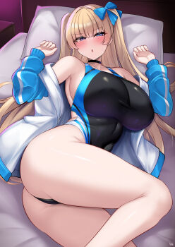 1girl :o ass bare_legs bed bed_sheet black_one-piece_swimsuit blonde_hair blue_bow blue_eyes blue_jacket blue_nails blunt_bangs blush borrowed_character bow breasts commentary_request competition_swimsuit covered_navel hair_bow highres indoors jacket kutan large_breasts lina_(michihasu) long_hair long_sleeves looking_at_viewer nail_polish on_bed one-piece_swimsuit open_mouth original sidelocks solo swimsuit thick_thighs thighs v-shaped_eyebrows variant_set very_long_hair
