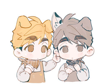 2boys animal_ears apron blonde_hair brothers brown_apron brown_eyes brown_scarf checkered_clothes checkered_scarf chibi chibi_only chinese_commentary commentary_request cropped_torso dog_boy dog_ears dumpling expressionless food grabbing_another&#039;s_ear grey_hair haikyuu!! hand_on_another&#039;s_ear holding holding_food kemonomimi_mode linbeiyx looking_ahead looking_at_another male_focus mismatched_animal_ears mismatched_eyebrows miya_atsumu miya_osamu multiple_boys scarf short_hair siblings thick_eyebrows twins very_short_hair