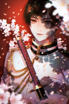 Rule 34 | 1boy, absurdres, aiguillette, axis powers hetalia, black hair, blurry, blurry foreground, branch, breast pocket, buttons, cherry blossoms, flower, gloves, hand up, highres, holding, holding sword, holding weapon, jacket, japan (hetalia), katana, lips, long sleeves, looking at viewer, male focus, military, military jacket, military uniform, npyon, open mouth, orange eyes, petals, pink flower, pocket, red background, shadow, short hair, simple background, solo, sword, upper body, weapon, white gloves, white jacket