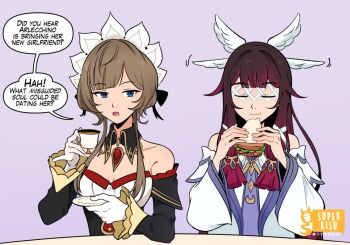 2girls artist_logo bare_shoulders black_collar black_hair black_sleeves blue_eyes bonnet bow bread breasts brown_hair cleavage closed_eyes closed_mouth collar columbina_(genshin_impact) commentary cup detached_collar detached_sleeves dress eating english_commentary english_text eye_mask food genshin_impact gloves hair_bow hair_ornament hair_ribbon head_wings headdress holding holding_cup holding_food holding_sandwich holding_saucer lettuce logo long_hair long_sidelocks long_sleeves mask meat multicolored_hair multiple_girls multiple_wings open_mouth pink_background plate purple_hair purple_streaks reese_(ordinaryreese) ribbon sandrone_(genshin_impact) sandwich saucer see-through_clothes see-through_mask short_hair short_hair_with_long_locks sidelocks simple_background sitting smile speech_bubble streaked_hair table tea teacup tomato tomato_slice two-tone_hair very_long_hair white_dress white_gloves white_headdress white_mask white_wings wing_hair_ornament wings x-shaped_eyewear