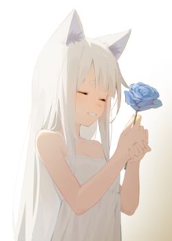 1girl absurdres animal_ear_fluff animal_ears bare_shoulders blue_flower blue_rose closed_eyes commentary dress english_commentary flower gradient_background grin hair_flower hair_ornament highres holding holding_flower long_hair original rose simple_background sleeveless sleeveless_dress smile solo upper_body white_dress white_hair xingye_jing_xuan