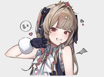 1girl bare_arms benichaaa black_gloves black_ribbon black_vest black_wings blunt_bangs blush bow bowtie brooch claw_pose collared_shirt colored_inner_hair cropped_torso cropped_vest demon_wings detached_wings drawn_wings drill_hair frilled_ribbon frilled_shirt frilled_sleeves frills fur-trimmed_gloves fur_trim gloves gold_trim grey_hair grin hair_intakes hair_over_shoulder hair_ribbon hand_up heart highres idol_clothes jewelry long_hair looking_at_viewer makaino_ririmu mini_wings multicolored_hair nijisanji nijisanji_idol_uniform official_alternate_costume open_clothes open_vest pink_hair pink_streaks pointy_ears red_eyes ribbon shirt sidelocks simple_background single_wing smile solo speech_bubble streaked_hair tiara two-tone_hair two_side_up v-shaped_eyebrows vest virtual_youtuber white_background white_bow white_bowtie white_fur white_shirt wings