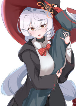 absurdres black_skirt blue_archive bolt_action bow braid breasts carcano earrings eri_(blue_archive) gun hat highres hood hooded_jacket jacket jewelry korean_commentary large_breasts long_hair looking_at_viewer open_mouth ponytail red_bow rifle sabnak66 skirt very_long_hair weapon white_hair witch_hat yellow_eyes