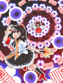 2girls ascot black_socks bow brown_hair collared_shirt commentary_request danmaku detached_sleeves frilled_bow frilled_hair_tubes frilled_skirt frills geta gohei hair_bow hair_tubes hakurei_reimu hat hauchiwa highres holding holding_gohei long_hair multicolored_shirt multiple_girls no_wings open_mouth pointy_ears puffy_short_sleeves puffy_sleeves red_bow red_hat red_shoes red_skirt ribbon-trimmed_skirt ribbon-trimmed_sleeves ribbon_trim shameimaru_aya shirt shoes shoot_the_bullet short_sleeves skirt skirt_set smile socks tengu-geta tokin_hat touhou white_shirt yakousei_no_kame yellow_ascot