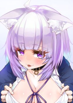 1girl ahoge animal_ear_fluff animal_ears belt_collar black_cardigan black_collar blush breasts cardigan cat_ears cat_girl cleavage collar collared_shirt highres hololive kajimakoto large_breasts looking_at_viewer medium_hair neck_ribbon nekomata_okayu nekomata_okayu_(oversized_shirt) official_alternate_costume open_mouth purple_eyes purple_hair purple_ribbon ribbon shirt smile solo virtual_youtuber white_shirt