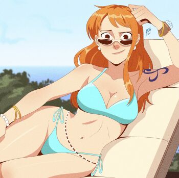 1girl bangle bare_shoulders bikini blue_bikini blue_sky bracelet breasts brown_eyes cleavage closed_mouth collarbone commentary curvy earrings feet_out_of_frame gold_bangle halterneck hand_up highleg highleg_bikini highres horizon jewelry log_pose long_hair looking_at_viewer medium_breasts nami_(one_piece) navel ocean one_piece orange_hair outdoors pe_draws pearl_bracelet pearl_earrings shoulder_tattoo side-tie_bikini_bottom signature single_sidelock sitting sky solo stomach sunglasses swimsuit tattoo thigh_gap thighs thong thong_bikini wavy_hair white-framed_eyewear wide_hips yokozuwari