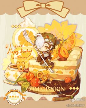 1girl black_hair black_shirt blue_eyes cake cake_slice chibi chibi_only closed_mouth commission food fork fruit full_body happy_birthday heterochromia highres holding holding_fork lemon lemon_slice long_sleeves mihuashi_username multicolored_hair orange_(fruit) orange_slice original oversized_object sanwenyunan shirt short_hair sitting solo two-tone_hair watermark white_hair yellow_eyes