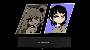 bear_hair_ornament black_border black_hair black_shirt blonde_hair border breasts choker cleavage closed_mouth danganronpa:_trigger_happy_havoc danganronpa_(series) english_text enoshima_junko eyelashes fingernails grey_shirt grin hair_ornament hand_up ikusaba_mukuro large_breasts nemlei_(style) open_mouth parody parted_bangs purple_background purple_eyes qsnowfallx shirt siblings sisters smile style_parody the_coffin_of_andy_and_leyley twins twintails upper_body user_interface