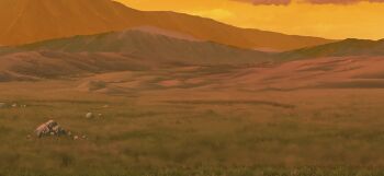 cloud field game_cg grass hill mountain no_humans non-web_source official_art orange_sky outdoors rock scenery sky touhou touhou_gensou_eclipse twilight