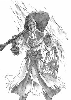 1boy 913kousatu absurdres armor boots capelet club_(weapon) commentary_request cowboy_shot dark_souls_(series) dark_souls_i gloves greyscale helm helmet highres holding holding_club holding_shield holding_weapon male_focus monochrome paladin_leeroy pants pauldrons shield shirt shoulder_armor solo weapon