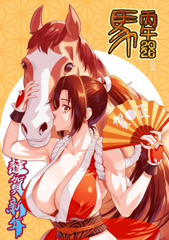1girl 2026 animal breasts brown_hair chinese_zodiac cleavage fatal_fury hand_fan highres holding holding_fan horse large_breasts long_hair looking_at_viewer nengajou new_year no_bra shiranui_mai year_of_the_horse