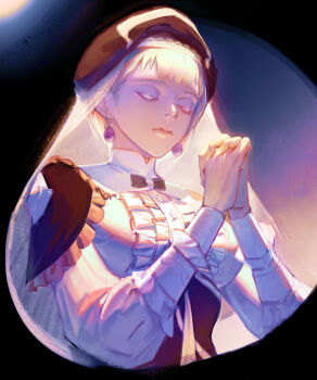 1girl absurdres beret black_hat blonde_hair blue_eyes breasts closed_eyes closed_mouth commentary_request dress earrings fire_emblem fire_emblem:_three_houses hat highres interlocked_fingers jewelry large_breasts long_sleeves mercedes_von_martritz mercedes_von_martritz_(timeskip) nintendo own_hands_together praying puffy_long_sleeves puffy_sleeves shenye_yuu short_hair solo upper_body