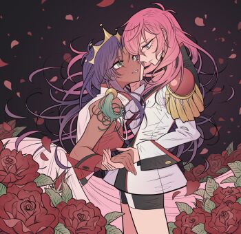 2girls aiguillette bindi blue_eyes crown dark-skinned_female dark_skin dress epaulettes flower green_eyes holding_hands hand_on_another's_face highres long_sleeves meremero multiple_girls official_alternate_costume petals pink_hair purple_hair red_flower red_rose rose rose_petals shoujo_kakumei_utena shoujo_kakumei_utena_adolescence_mokushiroku sleeveless wrist_cuffs