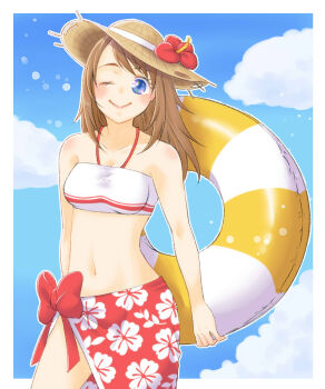 1girl bandeau blue_eyes blue_sky blush border breasts brown_hair chima_(iccachima) closed_mouth cloud commentary_request cowboy_shot day floral_print_sarong flower hat hat_flower hibiscus highres holding holding_swim_ring innertube long_hair looking_at_viewer medium_breasts navel one_eye_closed outdoors outside_border print_sarong ragnarok_masters ragnarok_online red_flower red_sarong sarong sky smile solo sun_hat swim_ring white_bandeau white_border
