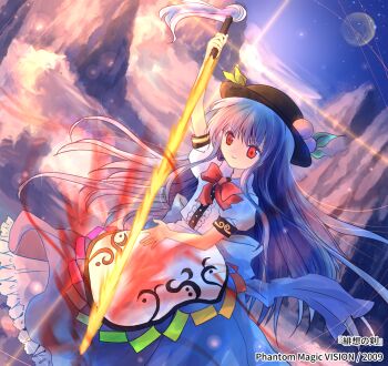 1girl above_clouds apron arm_up black_hat blue_dress blue_hair blue_sky bow cloud dress fire flaming_sword flaming_weapon fog food fruit hat highres hinanawi_tenshi holding holding_weapon long_hair moon mountain peach peach_hat_ornament red_bow red_eyes shirt short_sleeves sky smile solo sword sword_of_hisou torii_sumi touhou weapon white_apron white_shirt