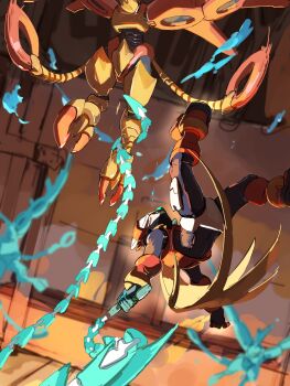 Rule 34 | 1boy, absurdres, battle, commentary request, energy blade, highres, holding, holding whip, male focus, mega man (series), mega man zero (series), mega man zero 3, non-humanoid robot, omochi (mochi skymega), phoenix magnion, robot, robot animal, robot bird, upside-down, whip, zero(z) (mega man), zero (mega man)