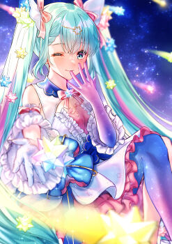 1girl absurdres aqua_eyes aqua_hair asymmetrical_legwear blue_thighhighs blush breasts closed_mouth colored_inner_hair commentary_request detached_collar detached_sleeves dress feet_out_of_frame frilled_dress frills gloves hair_between_eyes hair_ornament half_gloves hatsune_miku hatsune_miku_expo highres long_hair looking_at_viewer medium_breasts multicolored_hair nei_(aduma1120ponpon) one_eye_closed pink_gloves pink_hair pink_ribbon pink_skirt ribbon single_thighhigh skirt sky sleeveless sleeveless_dress small_stellated_dodecahedron smile solo star_(sky) starry_sky teeth thighhighs very_long_hair vocaloid white_dress wide_sleeves