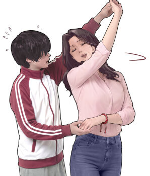 1boy 1girl black_hair blush breasts brown_hair closed_eyes commentary commentary_request dancing denim highres holding_hands jacket jeans mature_female mother_and_child mother_and_son open_mouth original pants shirt simple_background smile white_background yewang19 yutang_(yewang19)
