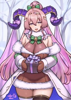 1girl :d alternate_costume artist_name bare_shoulders bare_tree bell bow bowtie box breasts brown_dress brown_mittens cleavage coat commentary corrupted_twitter_file cowboy_shot dress english_commentary fire_emblem fire_emblem_heroes gift gift_box goat_horns green_bow green_bowtie hair_between_eyes highres holding holding_gift horns huge_breasts long_hair looking_at_viewer mittens nerthuz_(fire_emblem) nintendo open_clothes open_coat open_mouth outdoors pink_hair ponytail purple_bow purple_eyes rotomdocs short_dress smile snow solo teeth thick_thighs thighs tree upper_teeth_only very_long_hair white_coat
