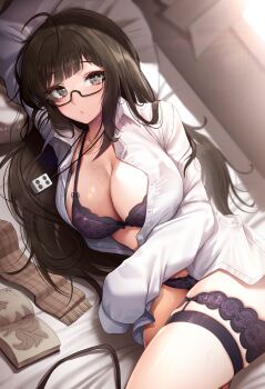 Rule 34 | 1girl, absurdres, ahoge, arm up, bed, bed sheet, black-framed eyewear, black hair, blunt bangs, book, bra, breasts, brown eyes, cleavage, closed mouth, collared shirt, commentary request, commission, curtains, doyoon 7, dutch angle, garter straps, glasses, hair spread out, highres, indoors, jewelry, korean commentary, large breasts, lingerie, long hair, long sleeves, looking at viewer, lying, on bed, on side, open book, open clothes, open shirt, original, panties, pendant, pillow, purple bra, purple panties, second-party source, semi-rimless eyewear, shirt, sidelocks, sleeves past fingers, sleeves past wrists, solo, sweat, thigh strap, thighs, unbuttoned, unbuttoned shirt, under-rim eyewear, underwear, very long hair, white shirt, window