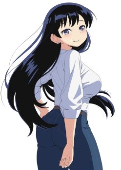 1girl absurdres arato_nagi ass belt black_eyes black_hair blue_pants blush breasts brown_belt closed_mouth collared_shirt commentary denim ear_piercing from_behind hand_on_own_hip highres jeans large_breasts long_hair looking_at_viewer looking_back obashiso pants piercing pocket ruri_no_houseki shirt shirt_tucked_in simple_background sleeves_rolled_up smile solo white_background white_shirt