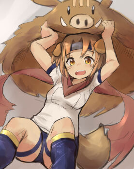 1girl animal_ears aq_interactive arcana_heart arcana_heart_2 arcana_heart_3 artist_request blush boar boots brown_hair dog_ears examu konoha_(arcana_heart) looking_at_viewer ninja open_mouth panties pantyshot pelt scarf shirt short_hair sitting smile tail teeth underwear upper_teeth_only white_shirt yellow_eyes