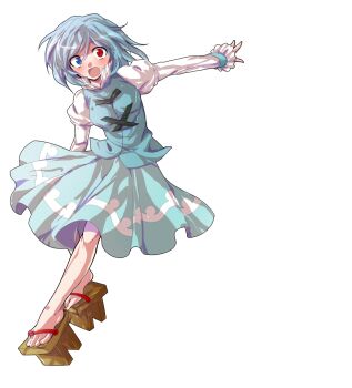 1girl alphes_(style) blush breasts commentary_request dairi full_body geta juliet_sleeves large_variant_set long_sleeves outstretched_arm parody puffy_sleeves shirt skirt skirt_set solo style_parody tachi-e tatara_kogasa toes touhou transparent_background umbrella variant_set vest
