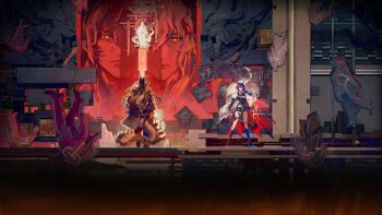 Rule 34 | 1boy, 1girl, absurdres, arknights, arm behind back, artist request, black hair, blue hair, ch'en (arknights), ch'en the dawnstreak (arknights), chinese commentary, dragon horns, dragon tail, eastern dragon horns, eastern dragon tail, facing away, full body, highres, holding, holding weapon, horns, indoors, official art, red eyes, red theme, standing, straight-on, tail, third-party source, wang (arknights), weapon, wide shot