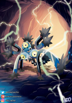 absurdres artist_name cave commentary_request edo_nova electricity highres instagram_logo instagram_username magnet mixed-language_commentary nintendo no_humans one-eyed patreon_logo patreon_username pokemon pokemon_(creature) pokemon_focus sandy_shocks screw spanish_commentary twitter_logo twitter_username watermark web_address