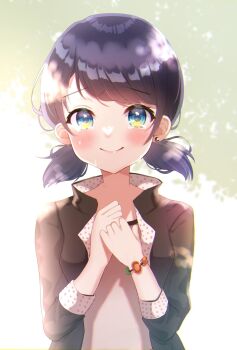 1girl black_hair black_jacket blue_eyes blush bracelet clenched_hands closed_mouth crying crying_with_eyes_open earrings hayura_soyo highres jacket jewelry long_sleeves looking_at_viewer low_twintails marinette_dupain-cheng miraculous_ladybug multicolored_eyes open_clothes open_jacket short_hair short_twintails single_earring smile solo straight-on stud_earrings swept_bangs tears third-party_source twintails two-tone_eyes upper_body yellow_eyes
