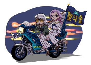2girls alternate_costume inazuma_eleven_(series) inazuma_eleven_victory_road japanese_text long_hair long_skirt looking_at_viewer momochi_yuina motor_vehicle motorcycle multiple_girls senno_himeka serafuku skirt sunglasses twitter white_background white_serafuku