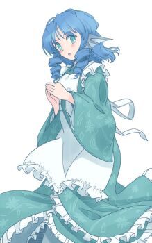 1girl apron aqua_eyes blue_hair blush commentary_request drill_hair feet_out_of_frame fins floral_print floral_print_kimono frilled_apron frilled_kimono frills green_kimono head_fins japanese_clothes kimono long_sleeves maid_apron medium_hair open_mouth own_hands_together print_kimono rangycrow sideways_glance simple_background solo touhou twin_drills wakasagihime white_background