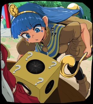 1futa 1girl bar_censor blue_eyes blue_hair brown_shirt brown_shorts censored earrings epic_armageddon erection facial_mark futanari gold_headdress hakurei_reimu highres holding holding_scepter jewelry key_earrings komano_aunn large_penis michigami_nareko mystery_box outdoors penis penis_grab realization scepter shirt shorts touhou translated triangle triangle_facial_mark usekh_collar