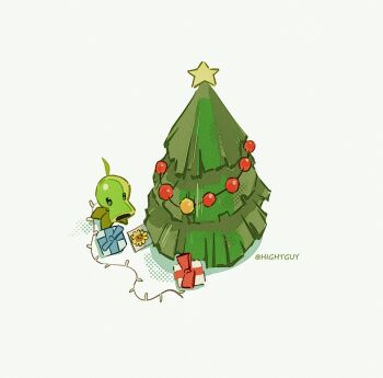 Rule 34 | artist name, black eyes, blue bow, bow, christmas lights, christmas ornaments, christmas tree, commentary, film grain, from above, gift, grey background, halftone, halftone background, highres, hightguy, no humans, peashooter (plants vs. zombies), pine tree, plant, plants vs. zombies, red bow, shadow, simple background, solid oval eyes, solo, star (symbol), sunflower (plants vs. zombies), tree, tree-topper