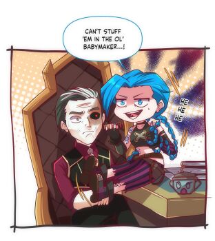 1boy 1girl :d adoptive_parent_and_adoptive_child arcane:_league_of_legends arcane_jinx arm_tattoo black_sclera blue_eyes blue_hair braid chibi chibi_only cloud_tattoo colored_sclera commentary crop_top english_commentary english_text enjelicious father_and_daughter fingerless_gloves frown gloves green_hair hair_slicked_back highres jinx_(league_of_legends) league_of_legends long_hair mature_male multicolored_hair open_mouth pale_skin pants red_shirt scar scar_across_eye scar_on_face shirt short_hair shoulder_tattoo silco_(arcane) smile stomach_tattoo striped_clothes striped_pants tattoo twin_braids two-tone_hair v-shaped_eyebrows white_hair