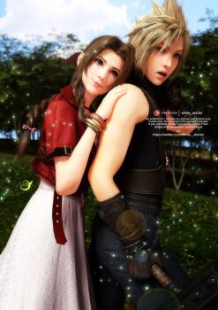 1boy 1girl 3d aerith_gainsborough belt blonde_hair blue_eyes blue_pants braid brown_hair buster_sword choker cloud_strife cropped_jacket dress final_fantasy final_fantasy_vii final_fantasy_vii_remake gloves green_eyes hair_ribbon hand_on_another's_shoulder holding holding_weapon jacket jewelry necklace open_mouth pants parted_bangs pink_dress pink_ribbon red_jacket ribbon short_sleeves sidelocks sleeveless sleeveless_turtleneck spiked_hair square_enix suspenders tree turtleneck wavy_hair weapon white_atelier