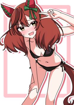 1girl animal_ears bare_shoulders bikini black_bikini blush bow breasts brown_eyes brown_hair collarbone commentary_request ear_bow ear_covers ear_ribbon embarrassed green_bow highres horse_ears horse_girl horse_tail looking_at_viewer medium_hair motti_(motthi0711) multicolored_hair navel nice_nature_(umamusume) nose_blush open_mouth small_breasts smile solo stomach streaked_hair swimsuit tail twintails umamusume v